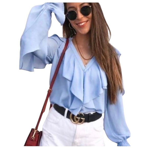 Zara Blue Long Sleeves Ruffle Blouse size XS - Picture 7 of 7